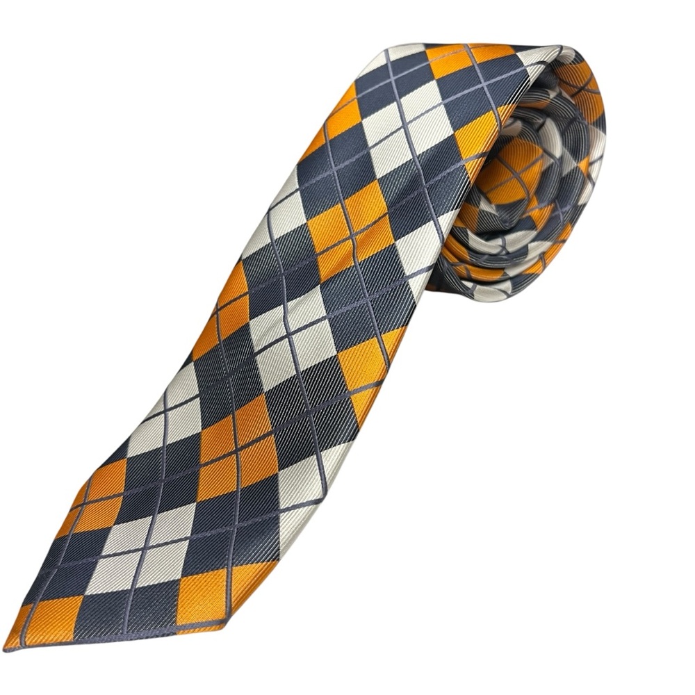 Classic & Stylish Orange and Gray Jacquard Checkered Silk Handmade Tie